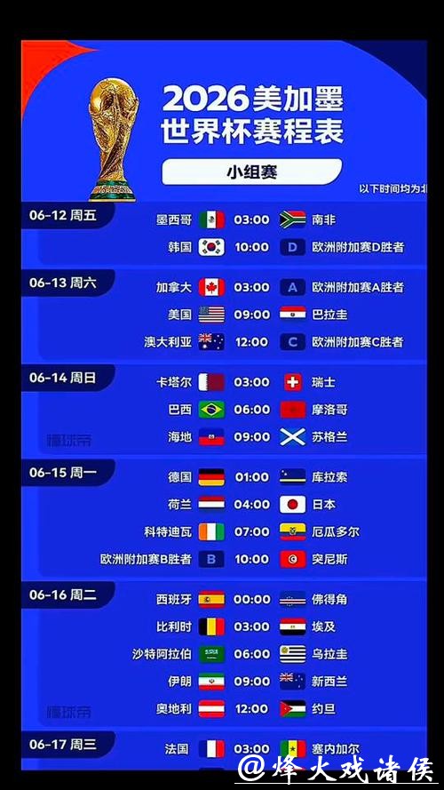 2026世界杯完整比赛时间表